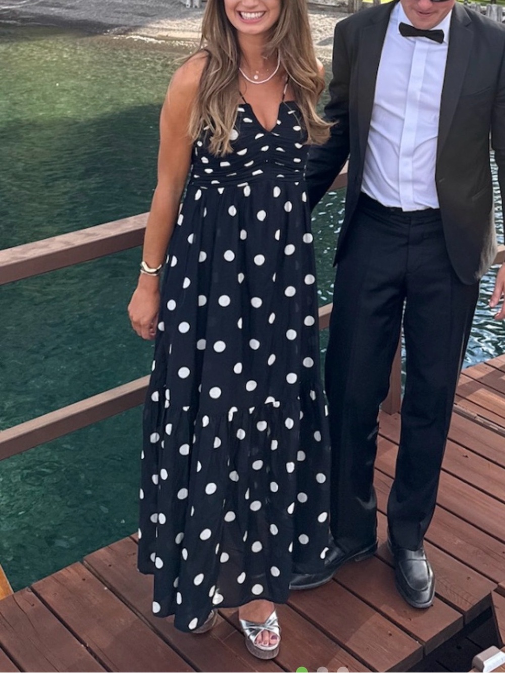 Shirred bodice Polka Dot Black & White Maxi Dress - Elegant V-Neck
